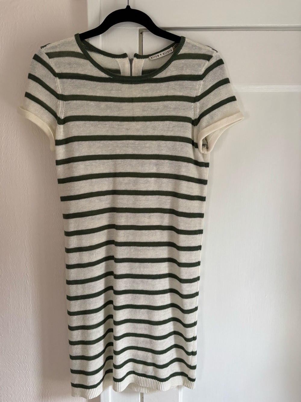 Alice + Olivia Olive Green & Cream Striped Short Sleeve Knit Mini Dress